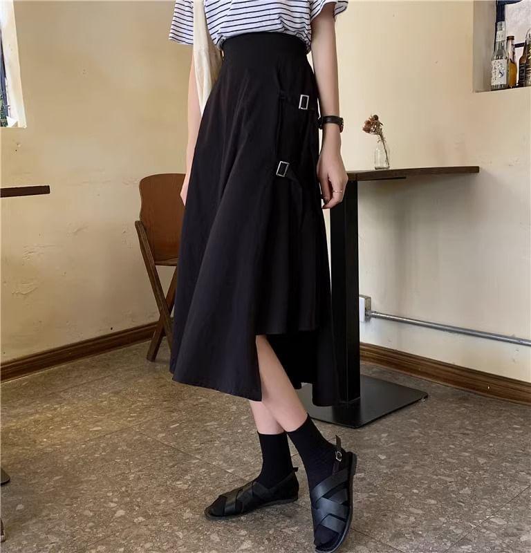 Elastic Waist Plain Asymmetrical Buckled Slit Midi A-Line Skirt Product Image