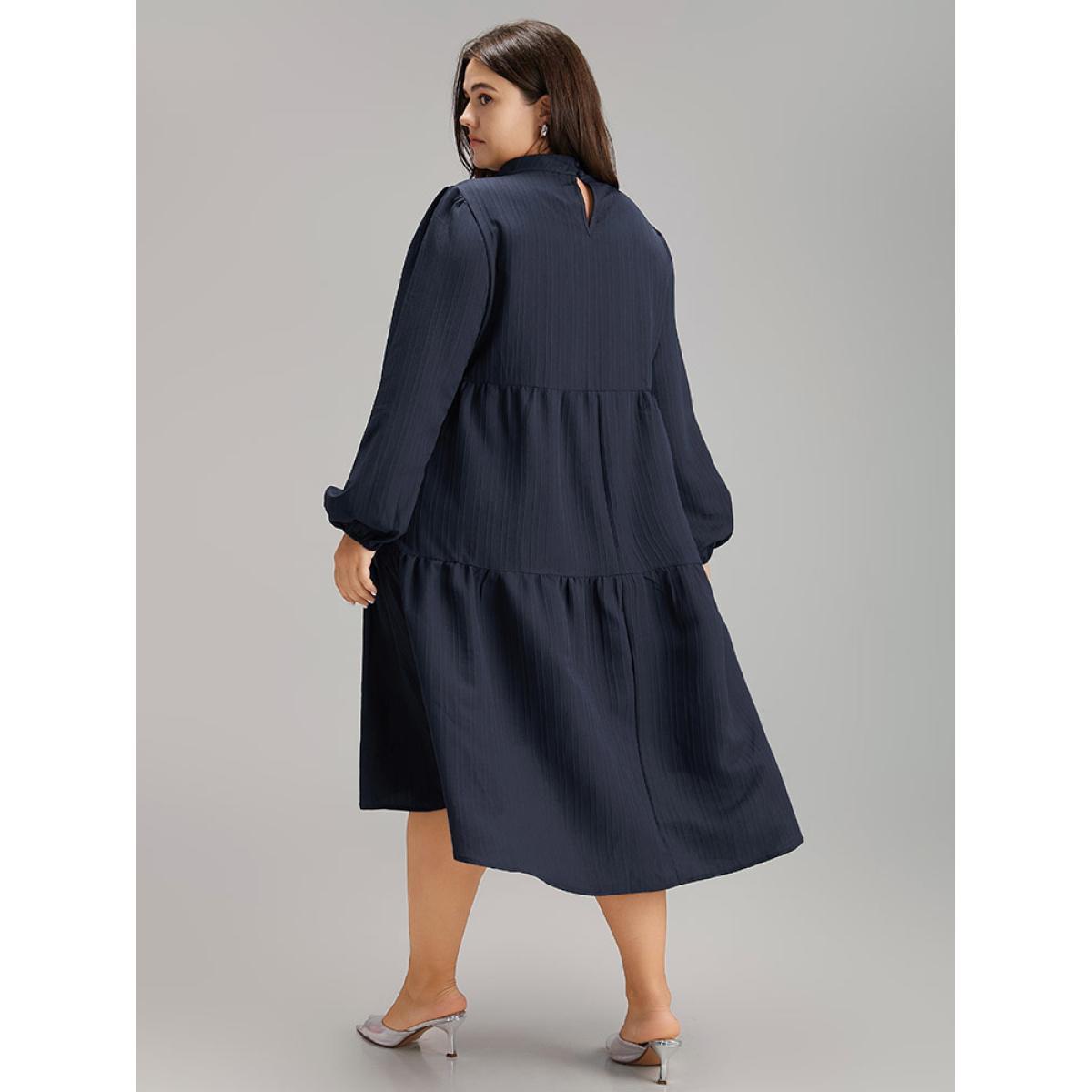 Plus Size Solid Cut Out Lantern Sleeve Dress DarkBlue Women Elegant Elastic cuffs Keyhole Cut-Out Long Sleeve Curvy Midi Dress BloomChic 22-24/3X Product Image