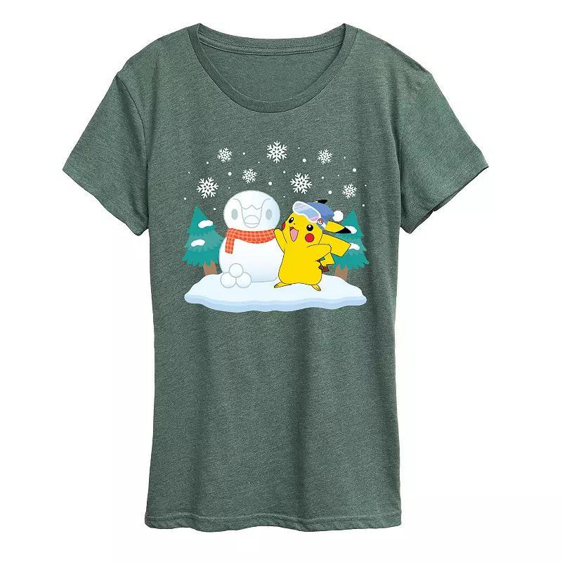 Womens Pokemon Pikachu Piplup Snowman Graphic Tee Grey Green Product Image