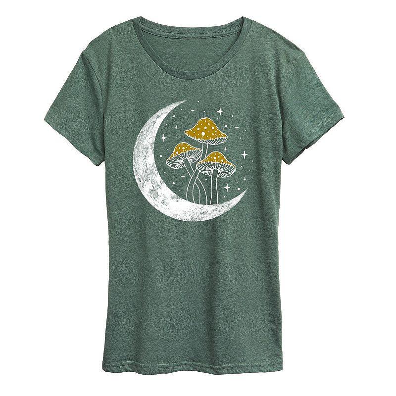 Womens Crescent Moon With Mushrooms Graphic Tee, Girls Grey Green Product Image