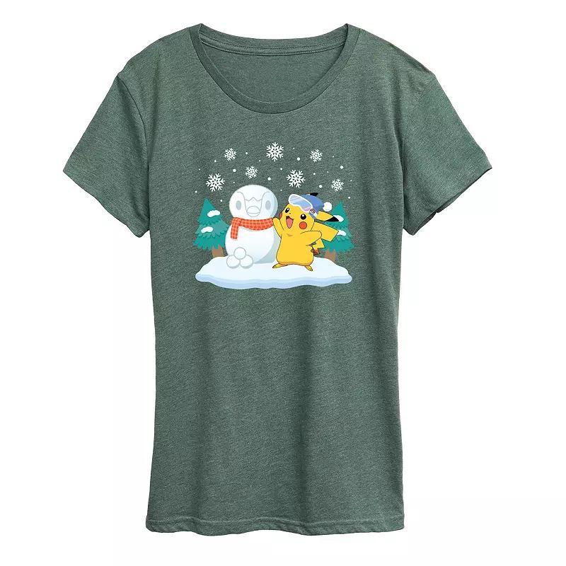 Womens Pokemon Pikachu Piplup Snowman Graphic Tee Grey Green Product Image