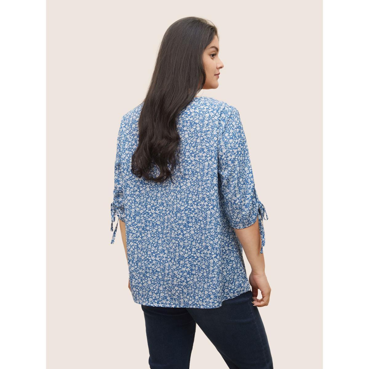 Plus Size Cerulean Ditsy Floral Knot Ties Sleeve Blouse Women Elegant Elbow-length sleeve V-neck Everyday Blouses BloomChic 14-16/1X Product Image