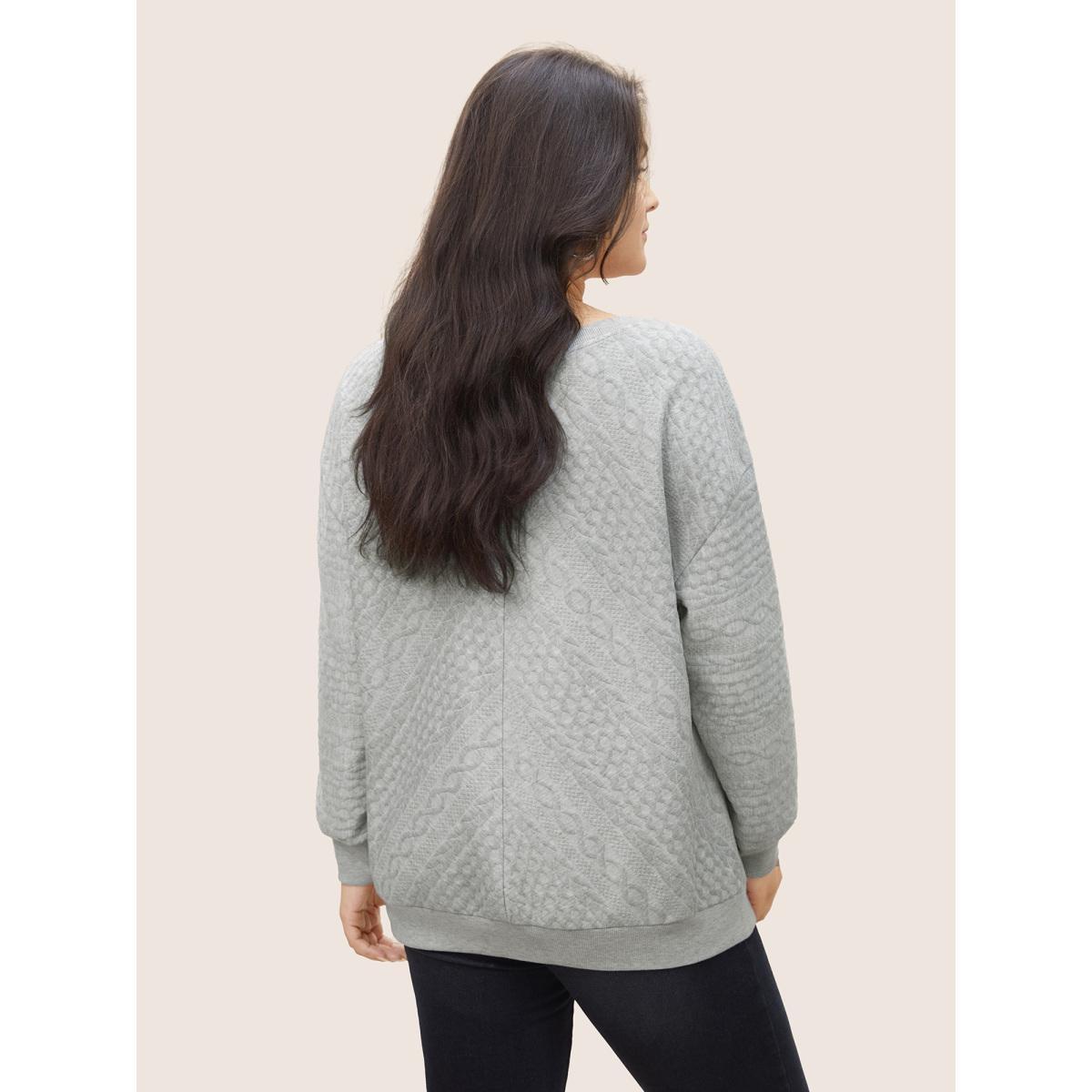 Plus Size Solid Plisse V Neck Drop Shoulder Sweatshirt Women Gray Casual Texture V-neck Everyday Sweatshirts BloomChic 28/5X Product Image