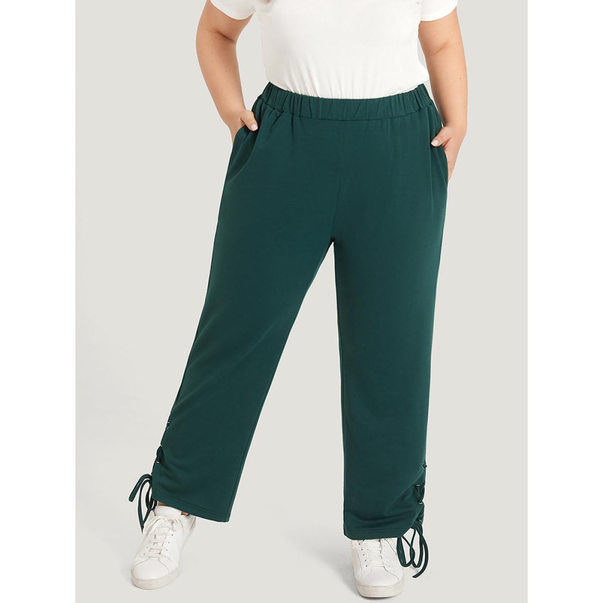 Plain Pocket Elastic Waist Lace Up Side Sweatpants Emerald Plus Size Women Casual Dailywear Plain 14-16/1X Bloomchic Product Image