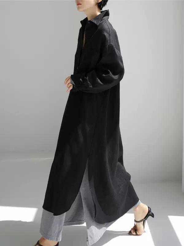 Simple Long Sleeves Split-Side Solid Color Lapel Midi Dresses Shirt Dress Product Image