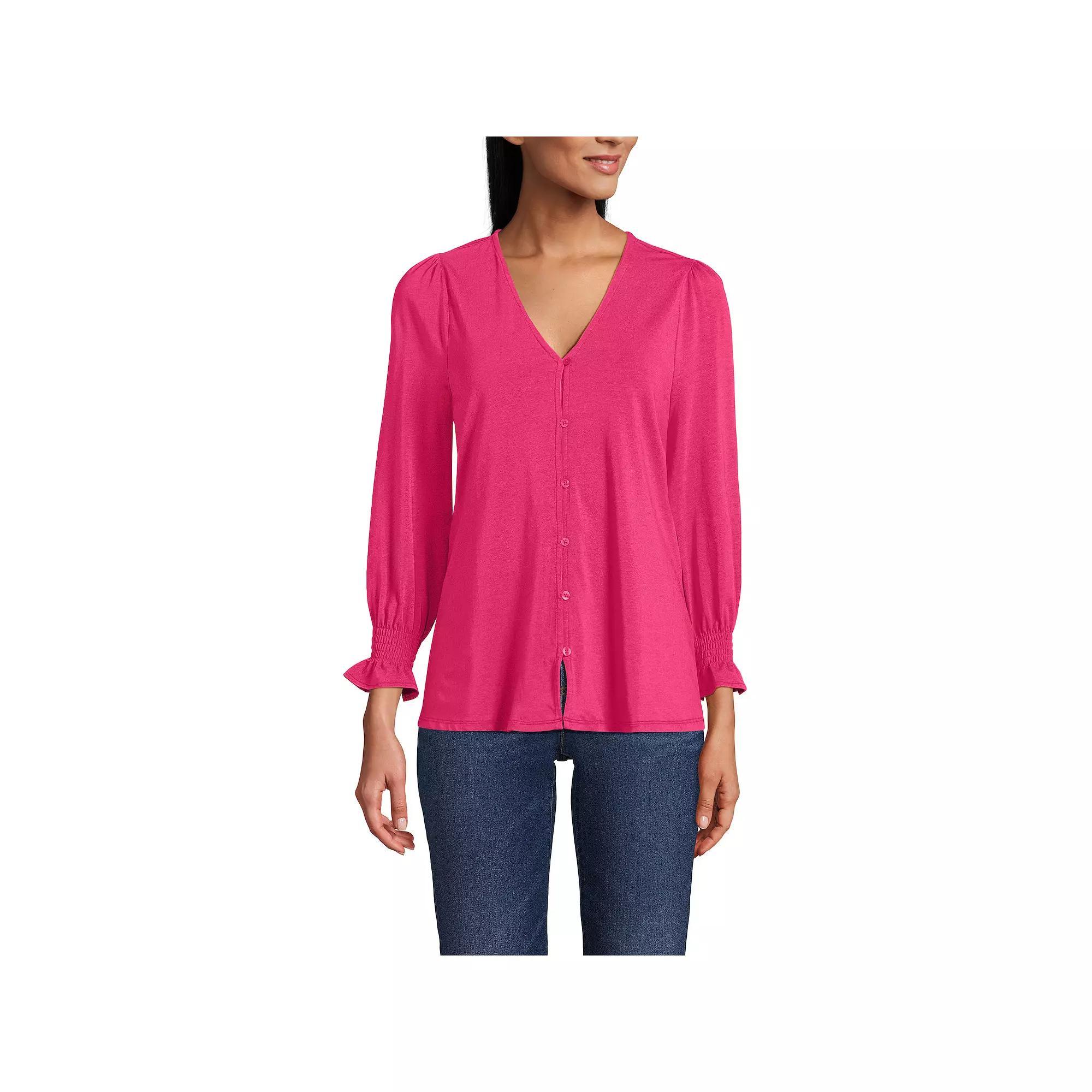 Women's Lands' End 3/4 Sleeve Lightweight Jersey Button Front Top, Size: Large, Spiced Rhubarb Product Image
