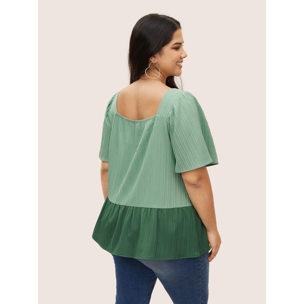 Plus Size Mint Two Tone Textured Shirred Patchwork Ruffles Hem Blouse Women Casual Half Sleeve Square Neck Everyday Blouses BloomChic 10/M Product Image