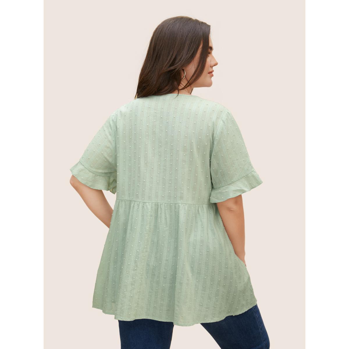Plus Size Mint Textured Lace Panel Pleated Pocket Blouse Women Casual Short sleeve V-neck Everyday Blouses BloomChic 22-24/3X Product Image