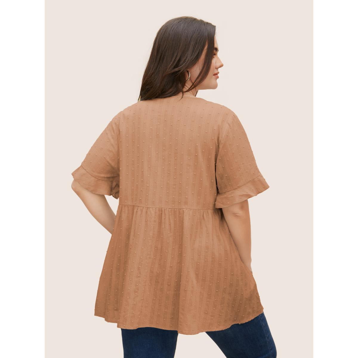 Plus Size Yellowishbrown Textured Lace Panel Pleated Pocket Blouse Women Casual Short sleeve V-neck Everyday Blouses BloomChic 14-16/1X Product Image