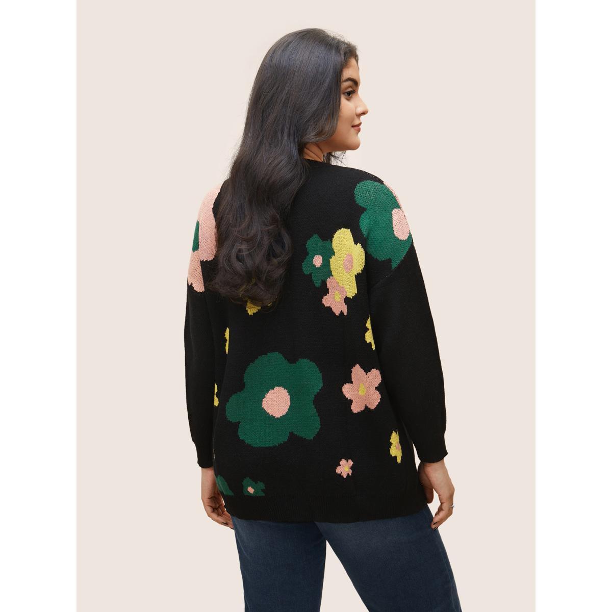 Plus Size Supersoft Essentials Colour Floral Drop Shoulder Pullover Black Women Casual Loose Long Sleeve Round Neck Everyday Pullovers BloomChic 22-24/3X Product Image