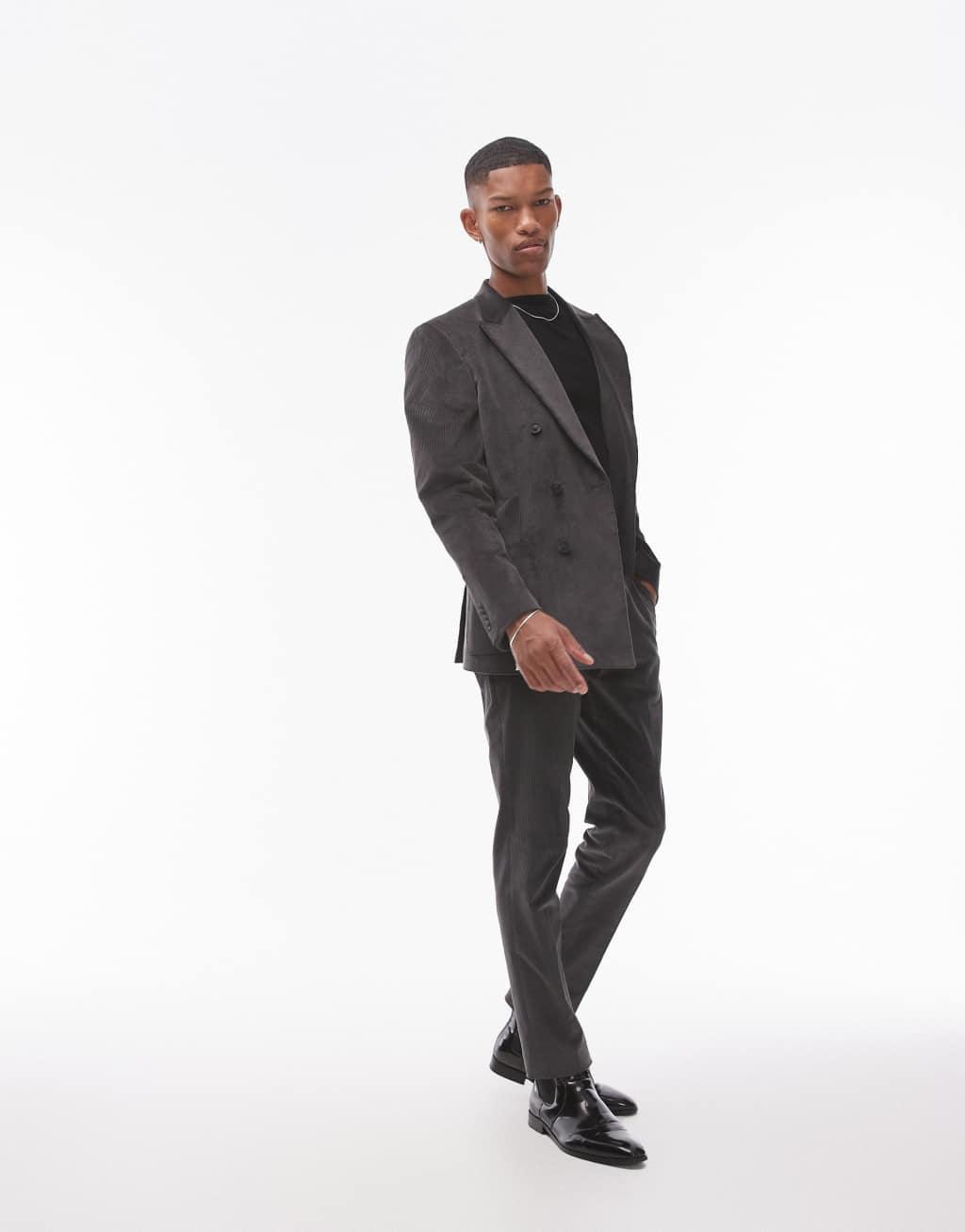 Topman skinny cord suit jacket in charcoal Product Image