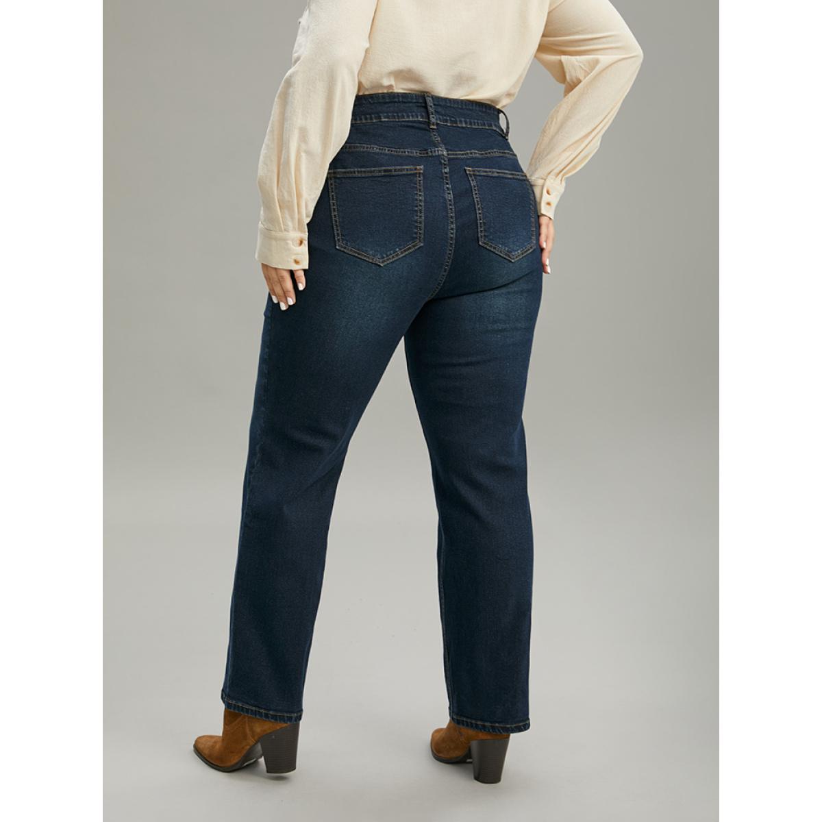 Plus Size Zipper Fly Straight Leg High Rise Jeans Women Indigo Casual Plain Plain High stretch Pocket Jeans BloomChic 16/1X Product Image