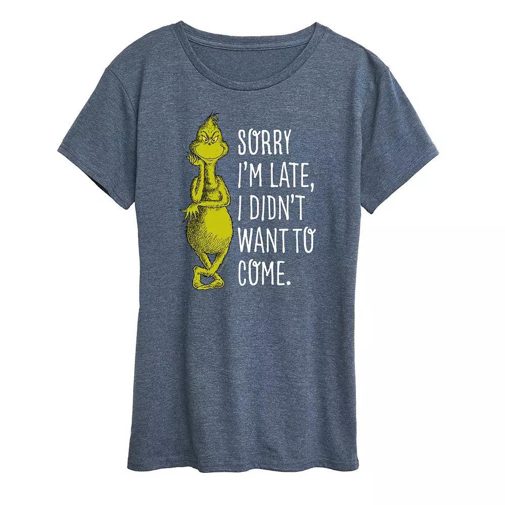 Women's Dr. Seuss The Grinch Sorry I'm Late Graphic Tee, Girl's, Size: Medium, Grey Dark Red Product Image