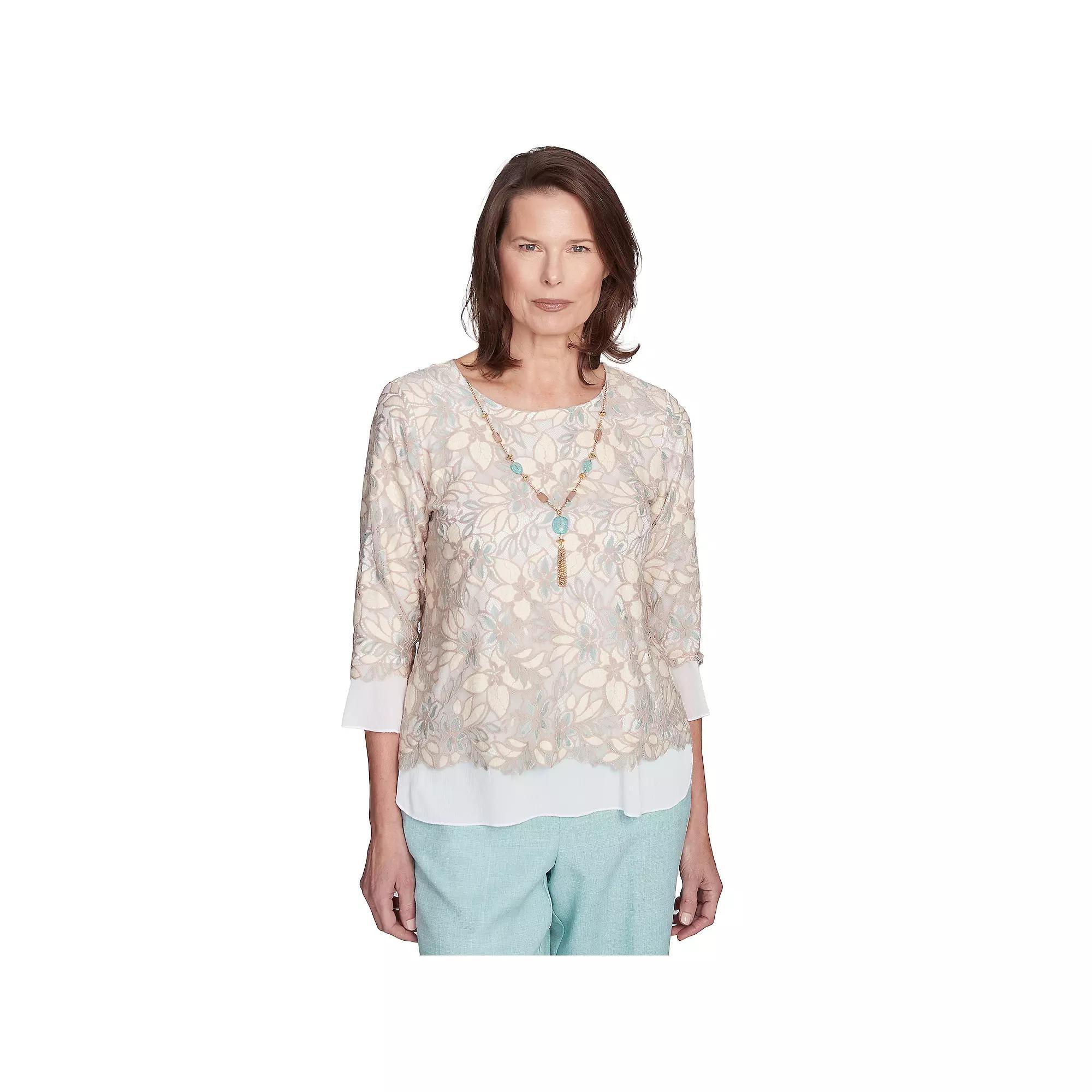 Petite Alfred Dunner Floral Lace Woven Trim Top with Necklace, Women's, Size: Small Petite, Neutral Team Product Image