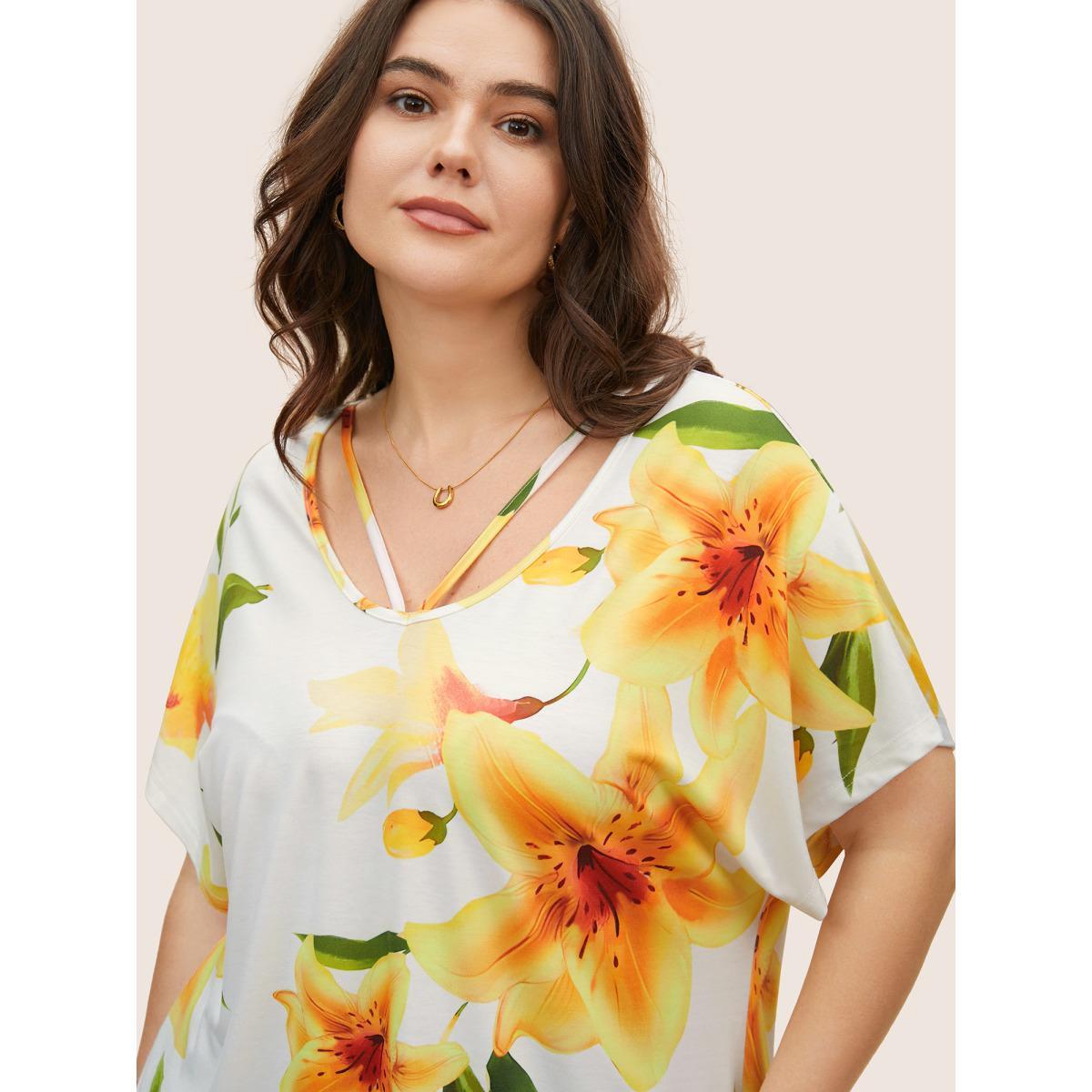 Plus Size Natural Flowers Crisscross Dolman Sleeve T-shirt Lemonyellow Women Elegant Contrast Natural Flowers V-neck Everyday T-shirts BloomChic 12/L Product Image