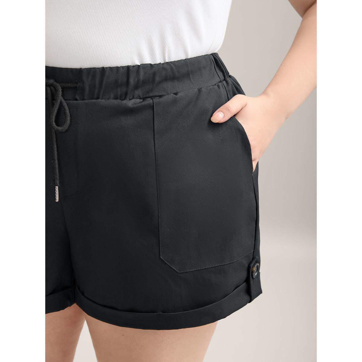 Plus Size Rolled Hem Straight-Leg Drawstring Shorts Women Black Casual Roll Hem Straight Leg Everyday-Casual Shorts BloomChic 12/L Product Image