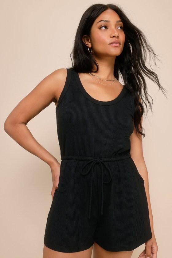 Laid-Back Luck Black Ribbed Knit Drawstring Lounge Romper Product Image