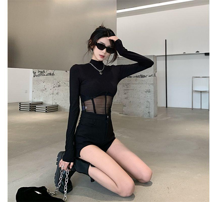 Long-Sleeve Mock-Neck Mesh Corset Waist Top Product Image