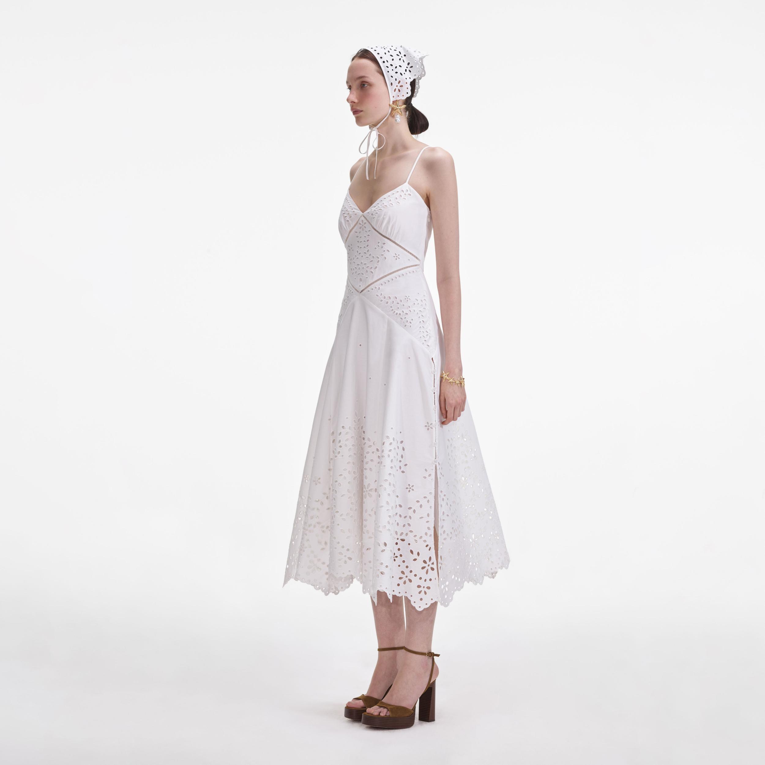 White Cotton Embroidered Midi Dress Product Image