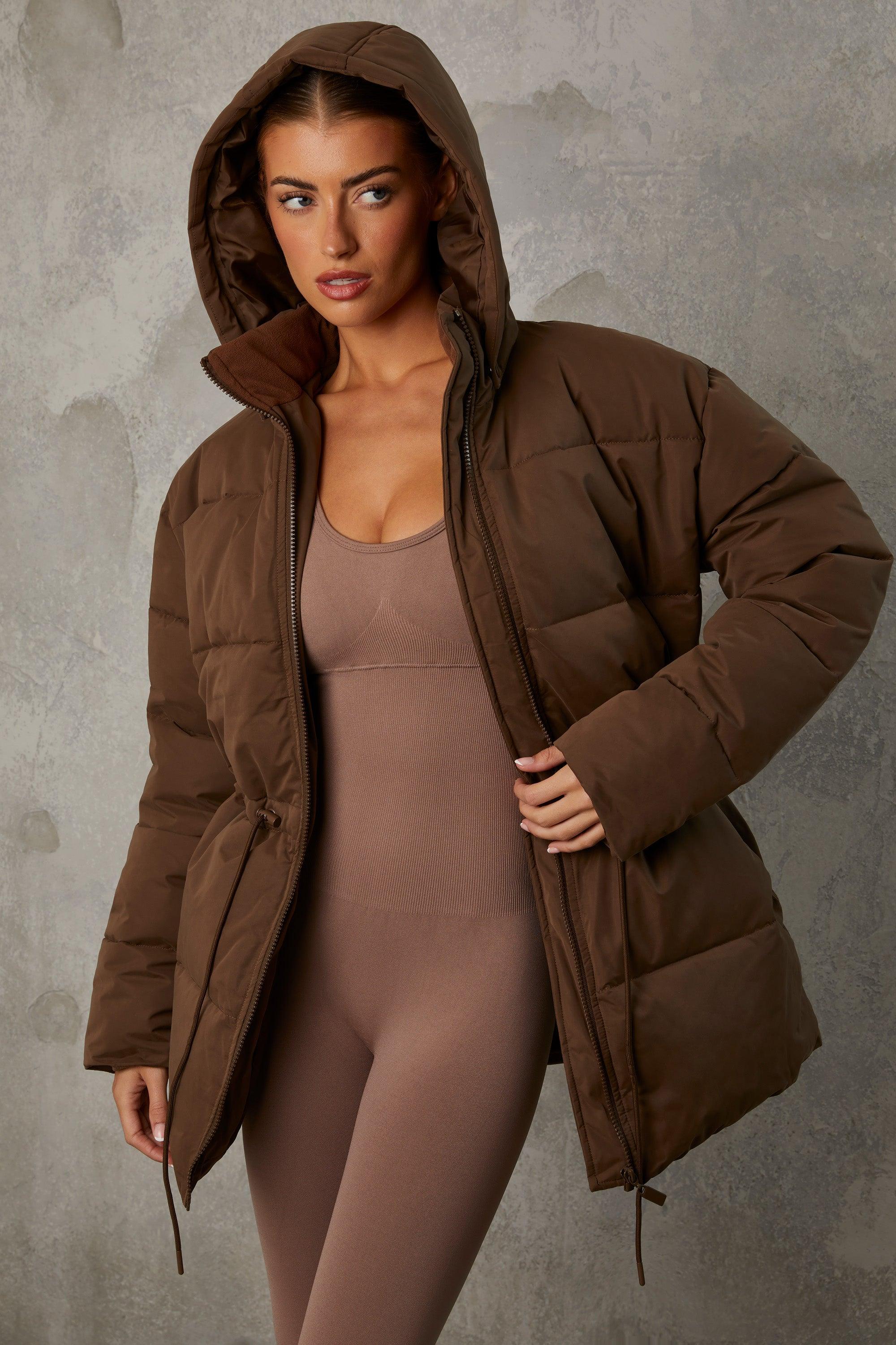 Mid Length Hooded Puffer Coat in Cocoa Brown Product Image