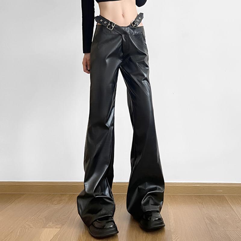 Low Rise Cutout Faux Leather Wide Leg Pants Product Image
