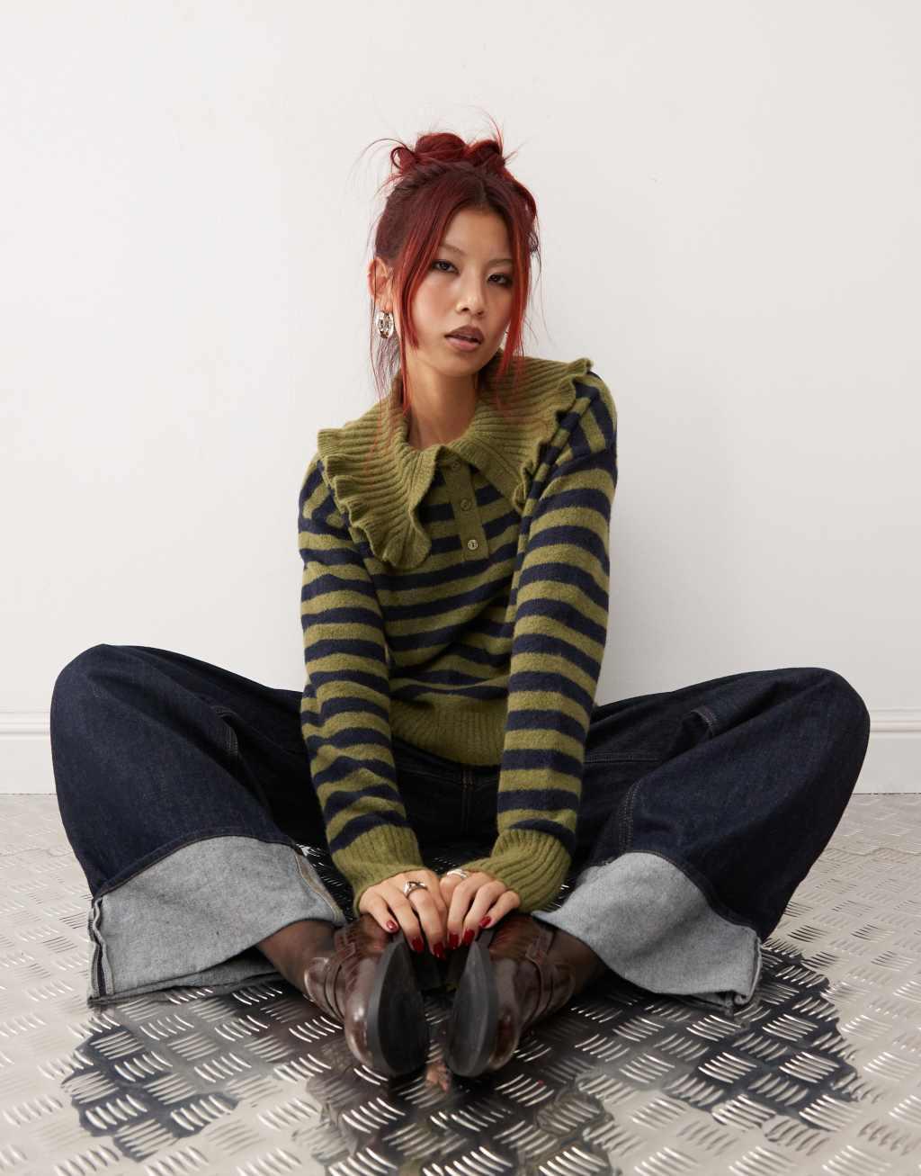 Monki long sleeve collar polo knit sweater in khaki stripe Product Image