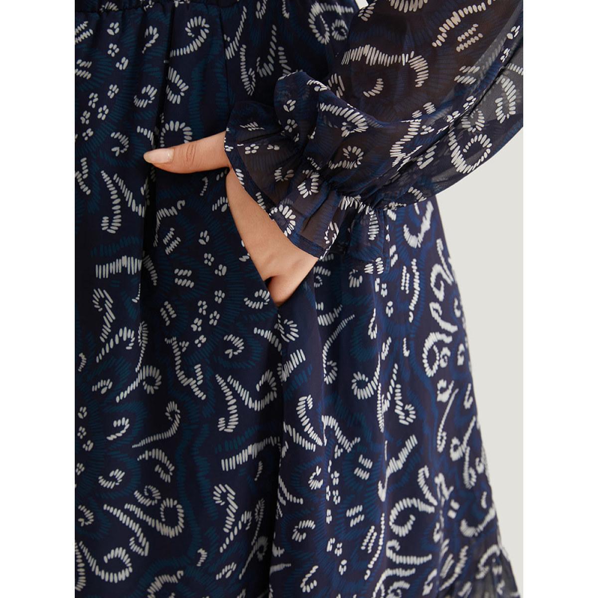 Plus Size Geometric Pocket Ruched Mesh Dress Cerulean Women Office Gathered V-neck Long Sleeve Curvy Midi Dress BloomChic 18-20/2X Product Image