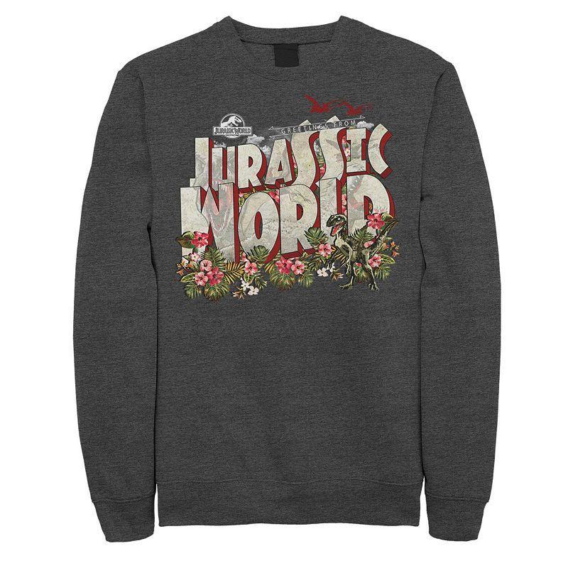 Men's Jurassic World Tropical Raptor Postcard Sweatshirt, Size: Large, Grey Heather Product Image