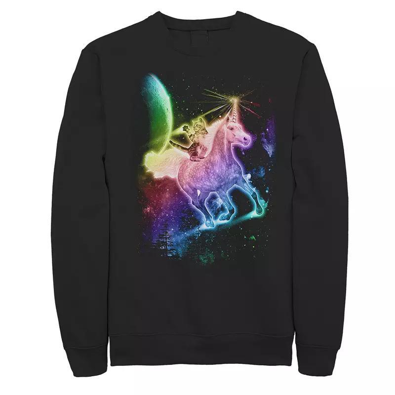 Men's Rainbow Kitten Unicorn In Space Fleece Crewneck Sweatshirt, Size: Medium, Black Product Image