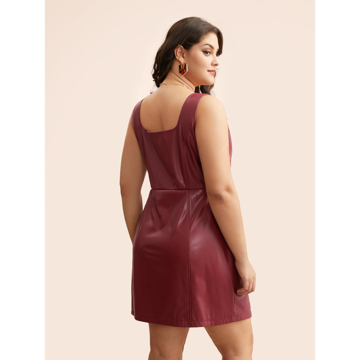 Plus Size Solid PU Leather Bodycon Dress Burgundy Women Elegant Non Square Neck Sleeveless Curvy BloomChic 26/4X Product Image