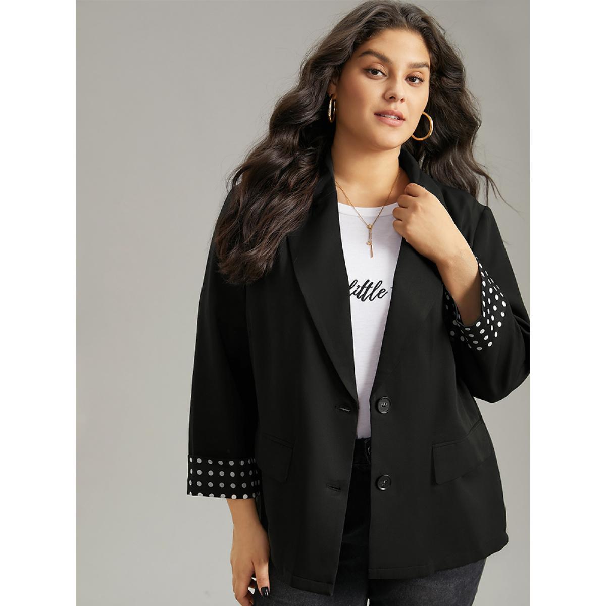 Plus Size Suit Collar Polka Dot Patchwork Button Up Blazer Black Women Work Polka Dot Contrast Sleeve Long Sleeve Suit Collar 22-24/3X At the Office Blazers BloomChic Product Image