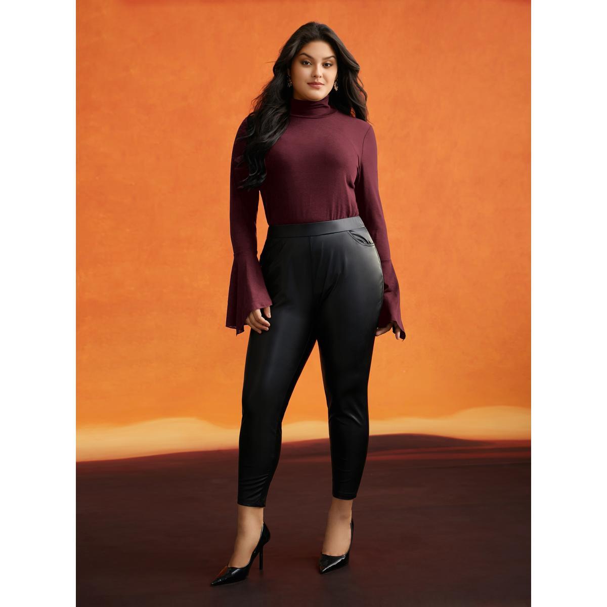 Plus Size Bell Sleeves Turtleneck T-shirt Burgundy Women Elegant Asymmetrical Turtleneck Bodycon Everyday T-shirts BloomChic 10/M Product Image