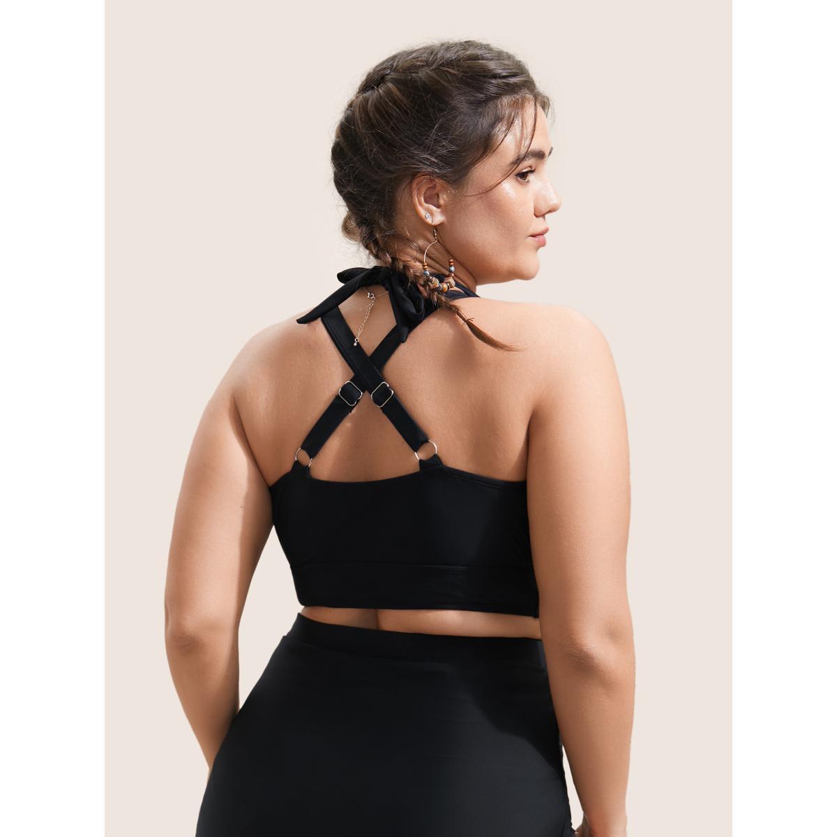 Plus Size Plain V Neck High Stretch Tie Knot Swim Top Women's Swimwear Black Beach Tie knot High stretch Skinny Overlap Collar Curve Swim Tops BloomChic 10/M Product Image