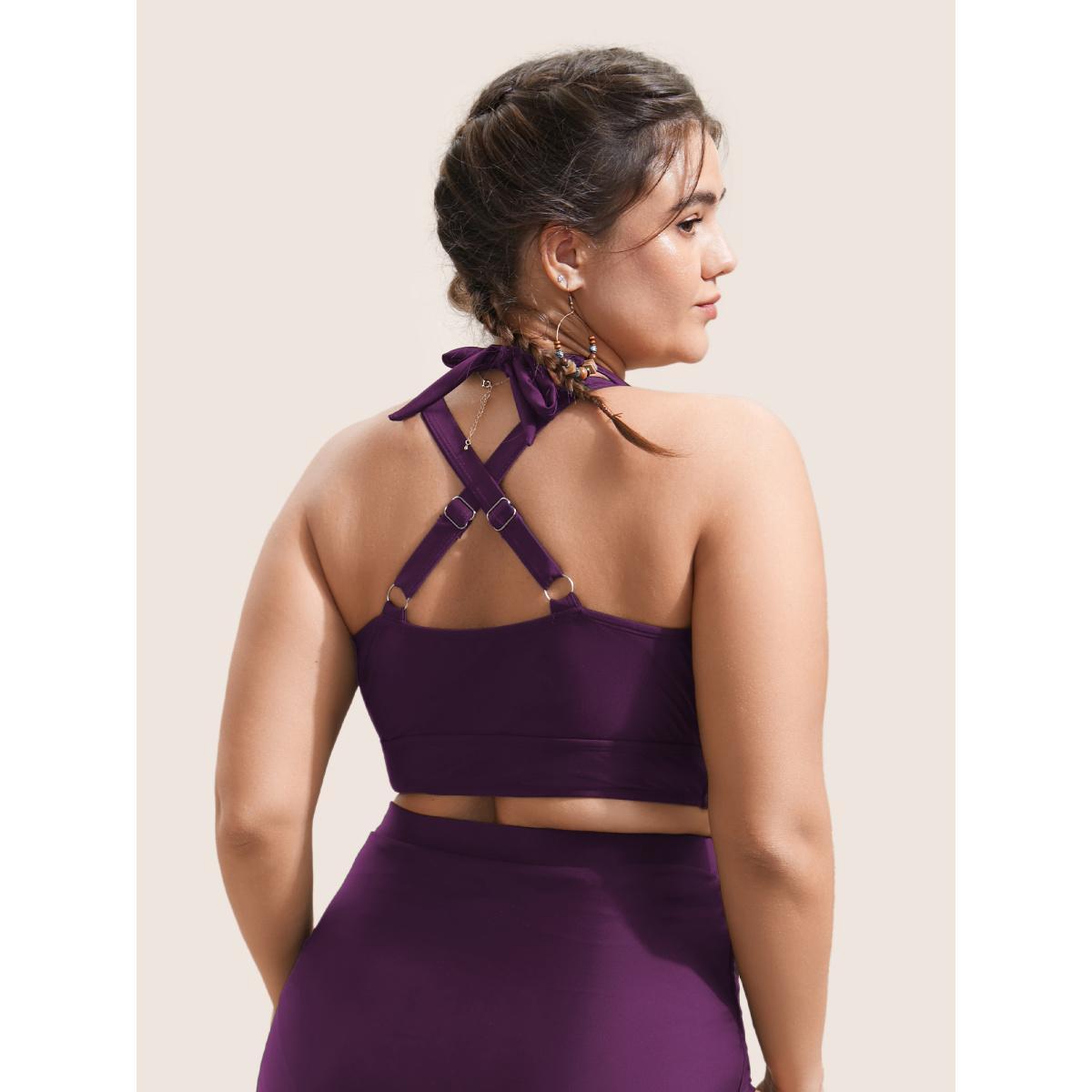 Plus Size Plain V Neck High Stretch Tie Knot Swim Top Women's Swimwear Cyan Beach Tie knot High stretch Skinny Overlap Collar Curve Swim Tops BloomChic 18-20/2X Product Image