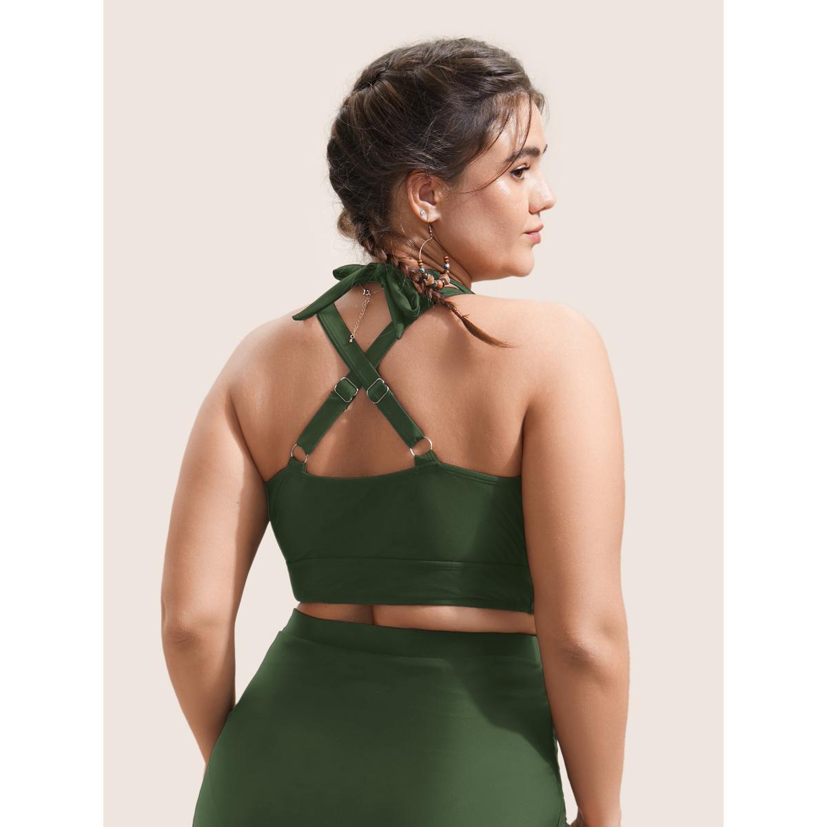 Plus Size Plain V Neck High Stretch Tie Knot Swim Top Women's Swimwear ArmyGreen Beach Tie knot High stretch Skinny Overlap Collar Curve Swim Tops BloomChic 10/M Product Image