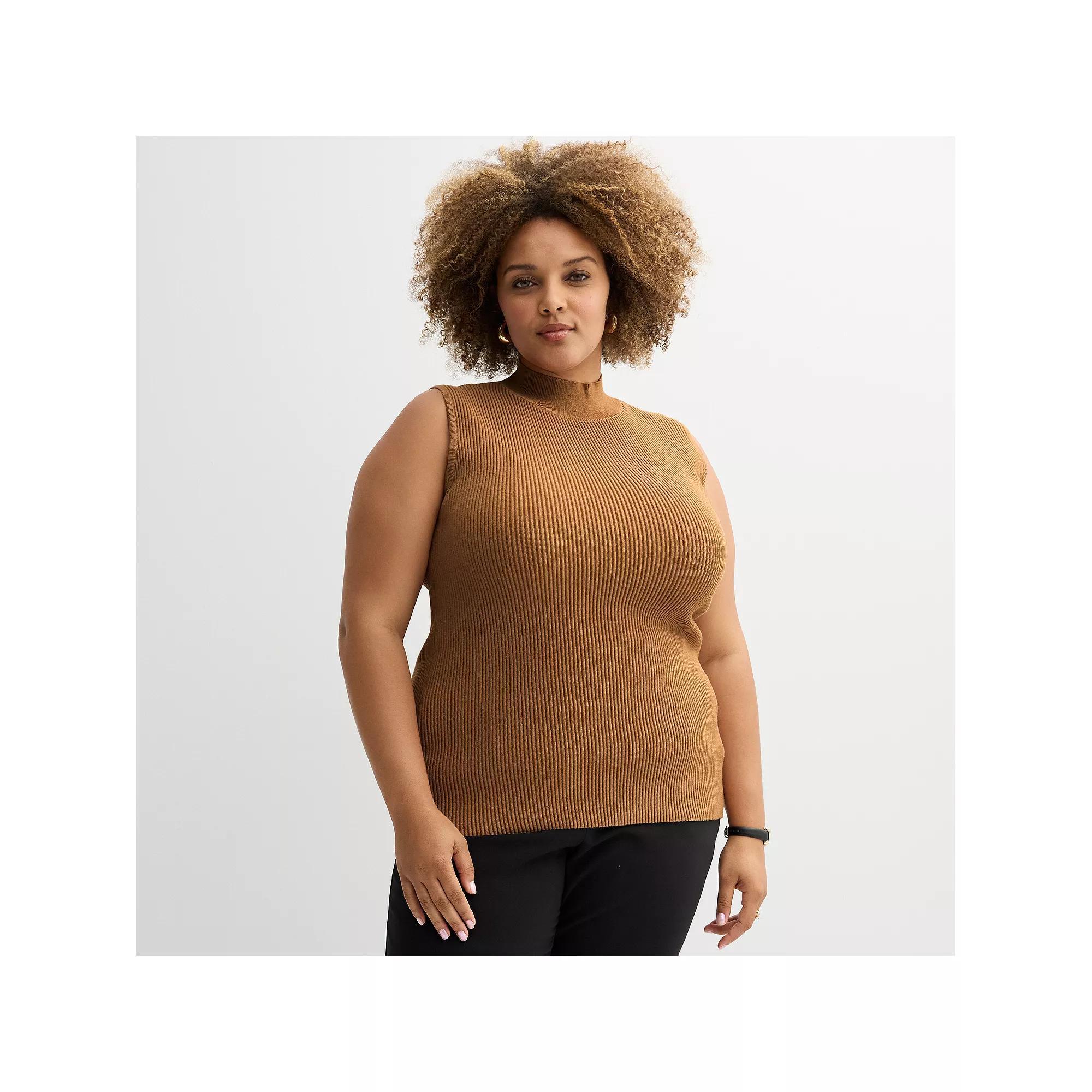 Plus Size Nine West Mockneck Sweater Tank Top, Women's, Size: 1XL, Black Brown Product Image