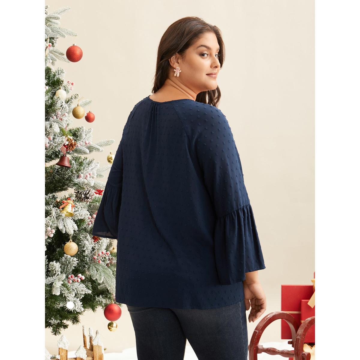 Plus Size Indigo Textured Embroidered Neckline A-Line Blouse Women Casual Three Quater Length Sleeve V-neck Everyday Blouses BloomChic 26/4X Product Image