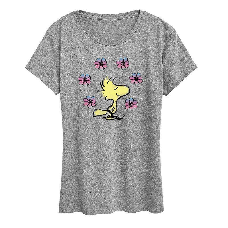 Plus Peanuts Woodstock Floral Graphic Tee, Womens Grey Gray Product Image