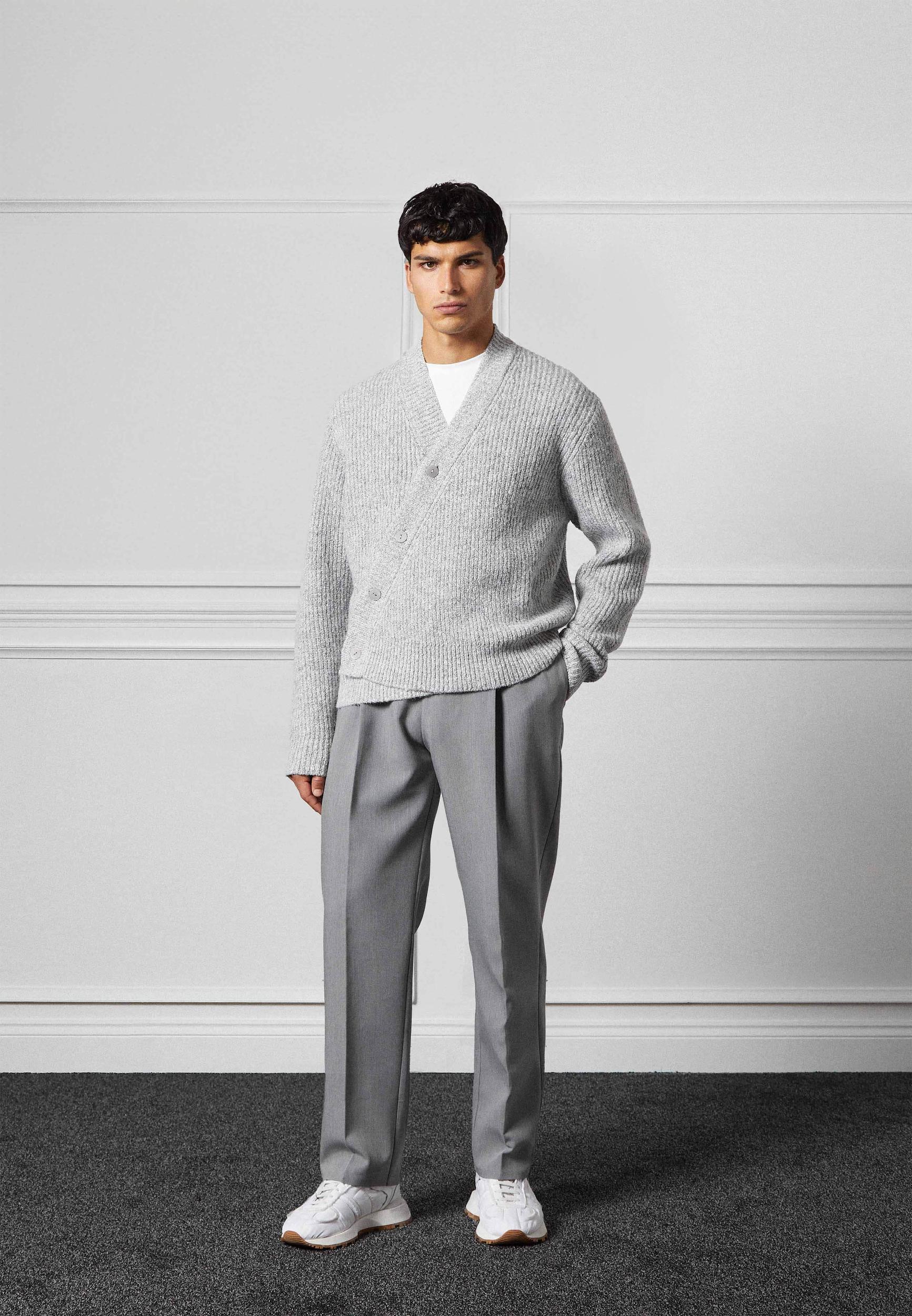 Double Breasted Brushed Knit Cardigan - Grey Male Product Image