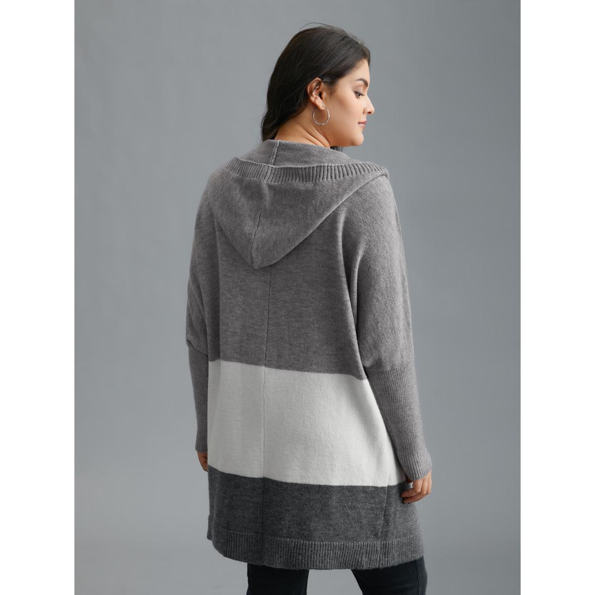 Plus Size Color Block Dolman Sleeves Hooded Knit Cardigan Mediumgray Women Casual Loose Long Sleeve Everyday Cardigans BloomChic 28/5X Product Image