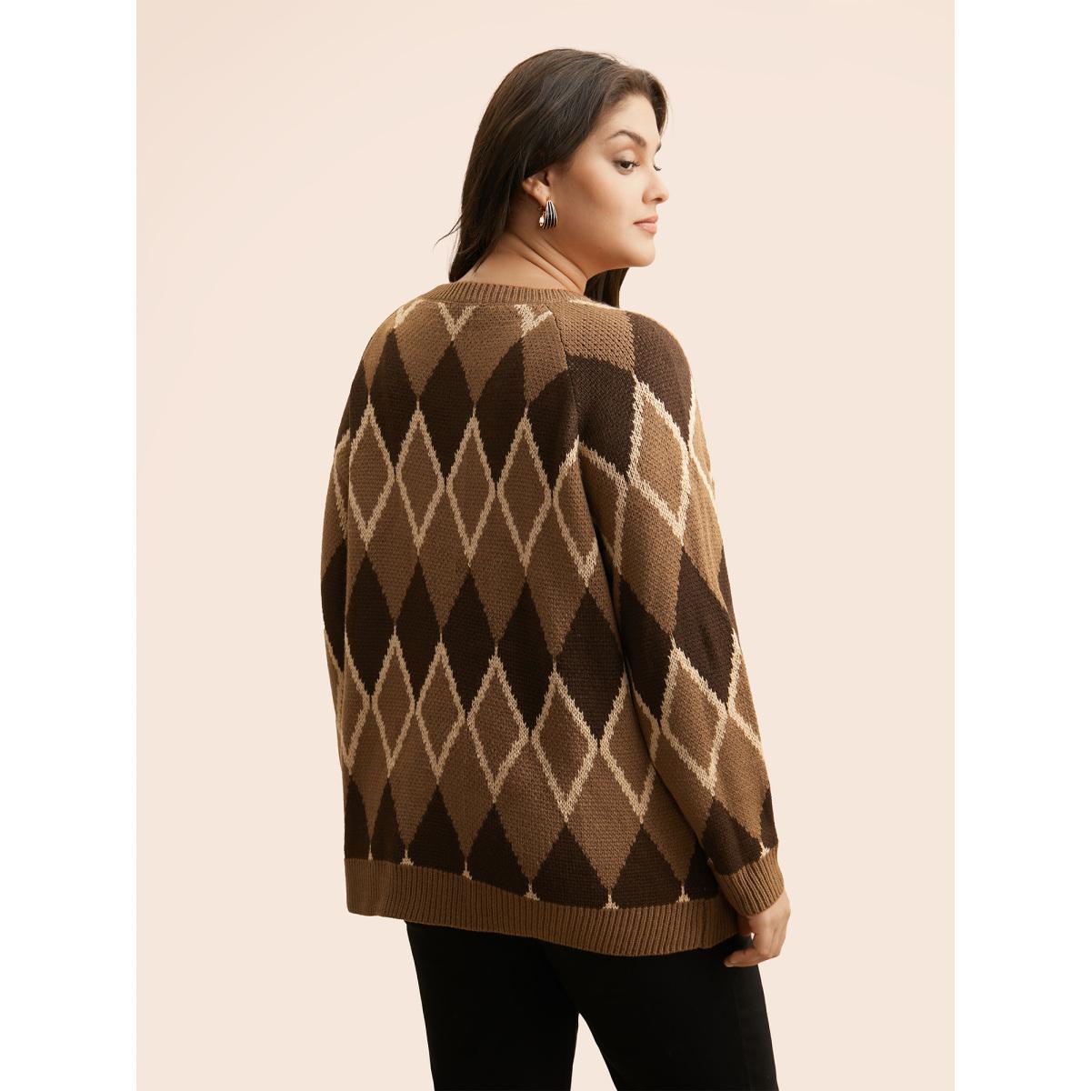 Plus Size Plaid Crew Neck Raglan Sleeve Cardigan Browncoffeecolor Women Casual Loose Long Sleeve Round Neck Everyday Pullovers BloomChic 22-24/3X Product Image
