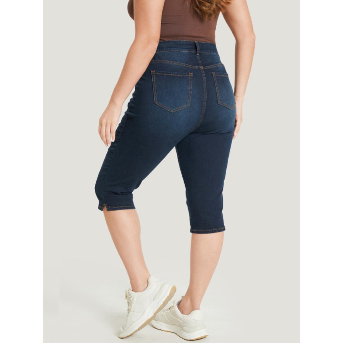 Plus Size Skinny Very Stretchy Dark Wash Split Knee Denim Shorts Women DarkBlue High stretch Dailywear Side seam pocket Casual Denim Shorts BloomChic 14/1X Product Image