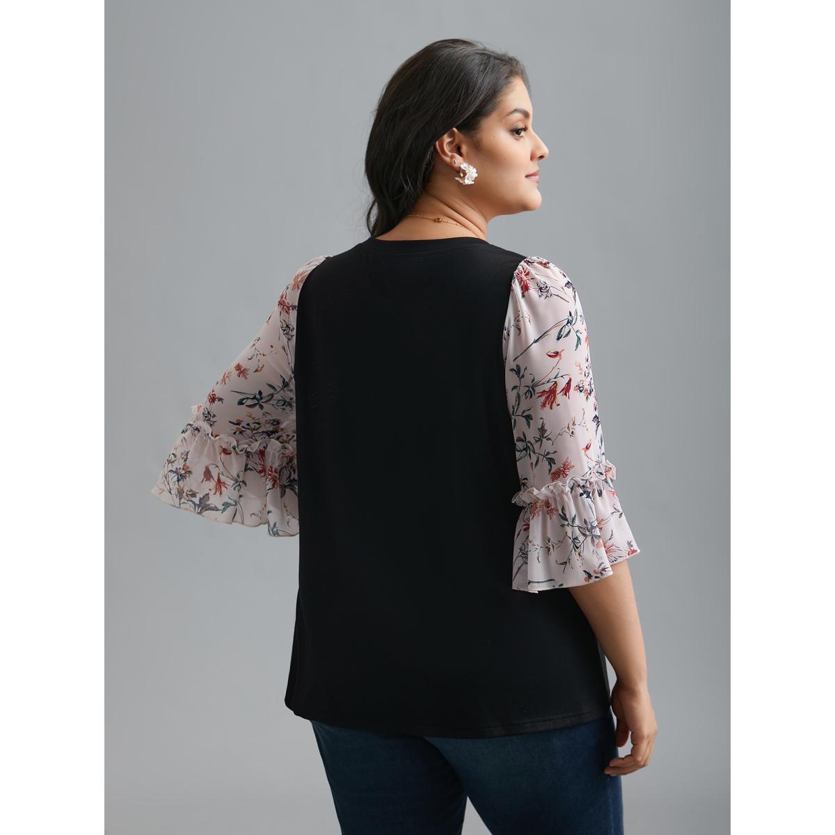 Plus Size Floral Print Patchwork Ruffle Sleeve T-Shirt Black Women Elegant Contrast Round Neck Everyday T-shirts BloomChic 26/4X Product Image