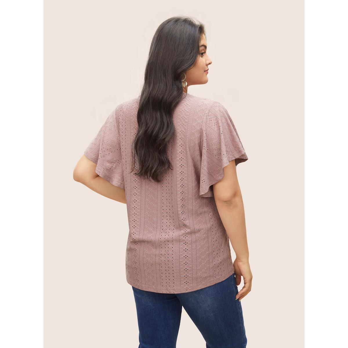 Plus Size Plisse Flat Collar With V Notch Ruffle Sleeve T-shirt DustyPink Women Elegant Flat collar with V-notch Everyday T-shirts BloomChic 12/L Product Image