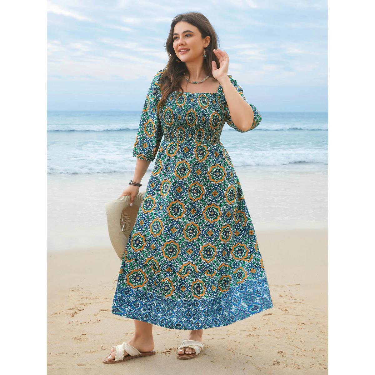 Plus Size Ornate Print Shirred Stretchy Waist Midi Dress Emerald Women Resort Shirred Square Neck Elbow-length sleeve Curvy BloomChic 18-20/2X Product Image
