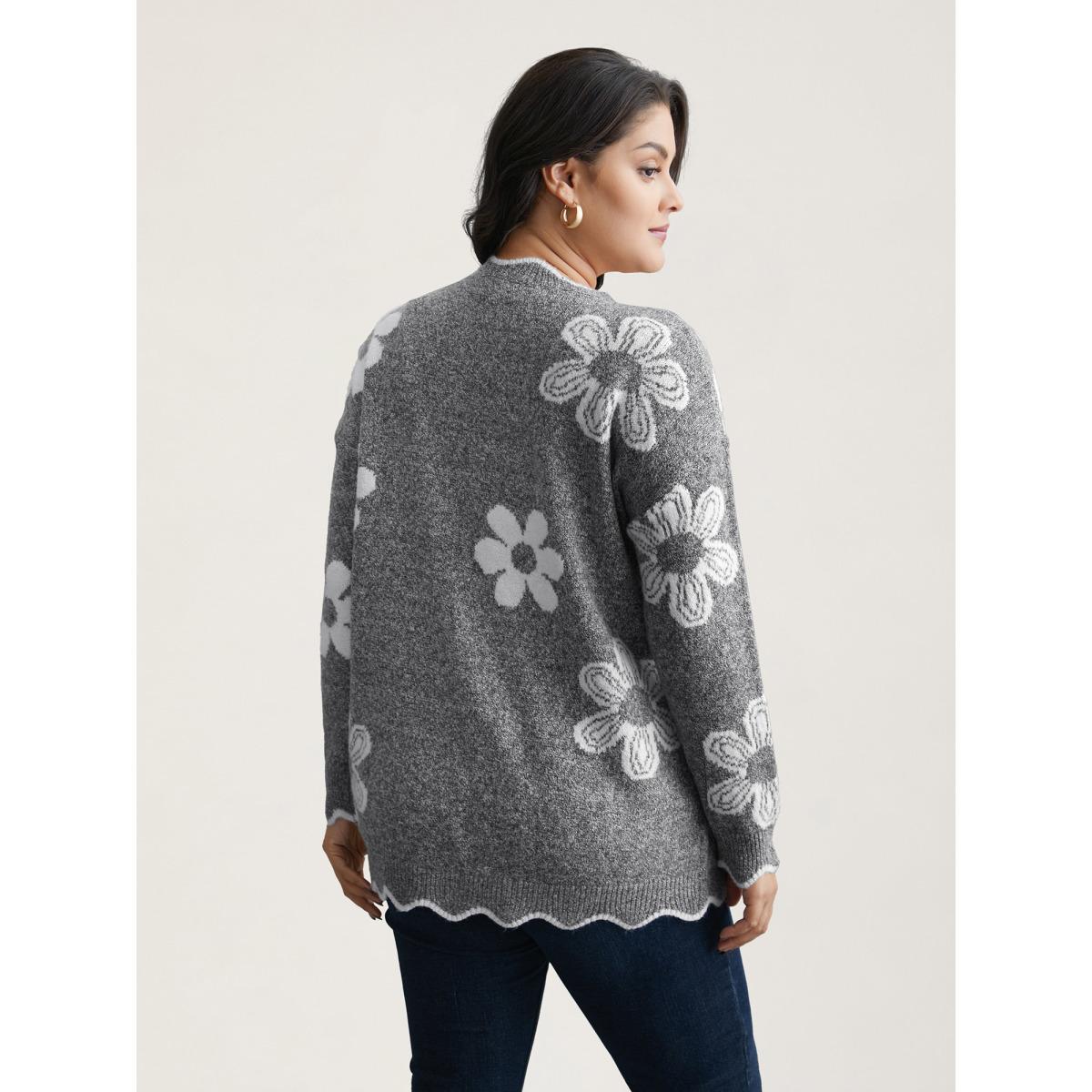 Plus Size Floral Pattern Open-Front Knitted Cardigan DarkGray Women Casual Loose Long Sleeve Everyday Cardigans BloomChic 26/4X Product Image