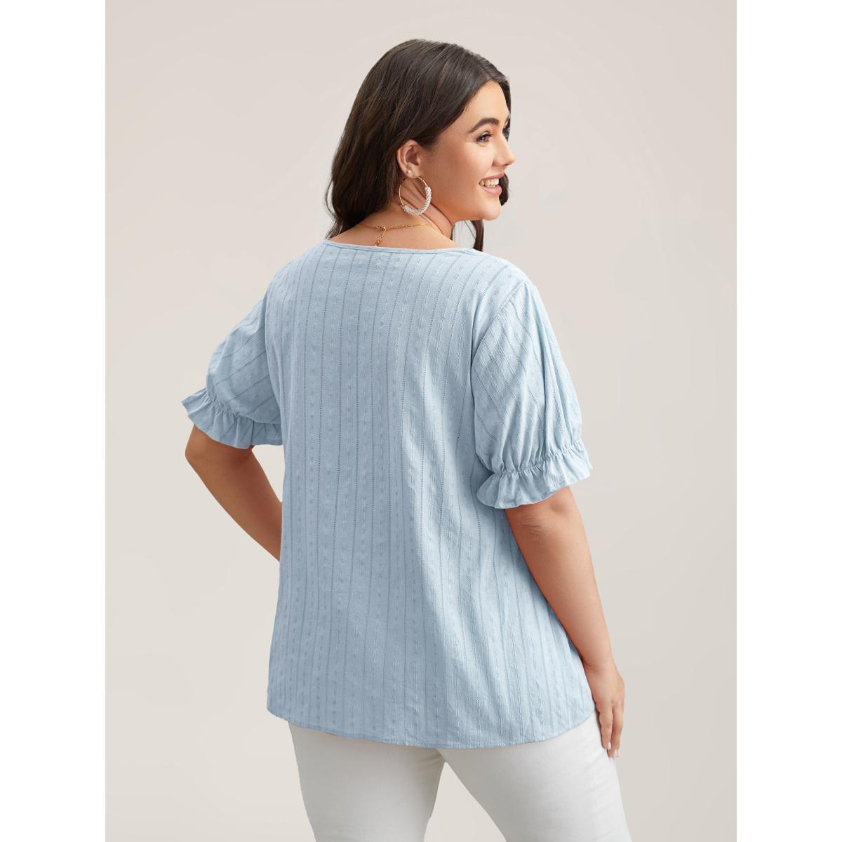 Plus Size LightBlue Cotton Square Neck Ruffled Sleeve Shirt Women Elegant Short sleeve Square Neck Everyday Blouses BloomChic 12/L Product Image