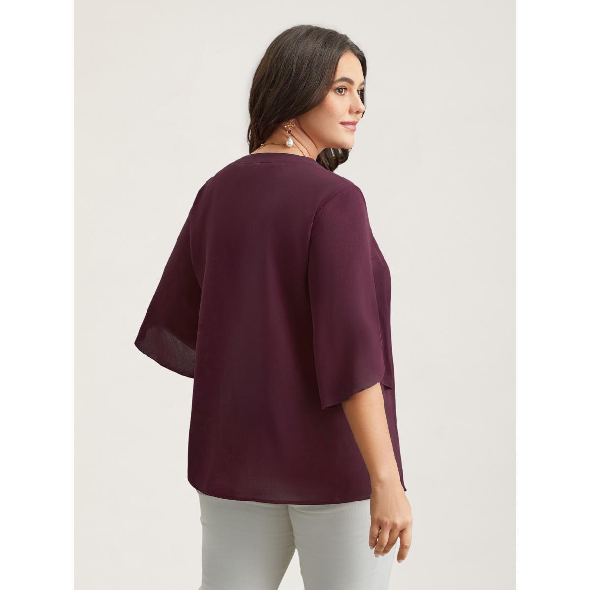Plus Size Browncoffeecolor Petal Sleeve Toothpick Pleats Shirt Women At the Office Elbow-length sleeve Notched collar Work Blouses BloomChic 28/5X Product Image
