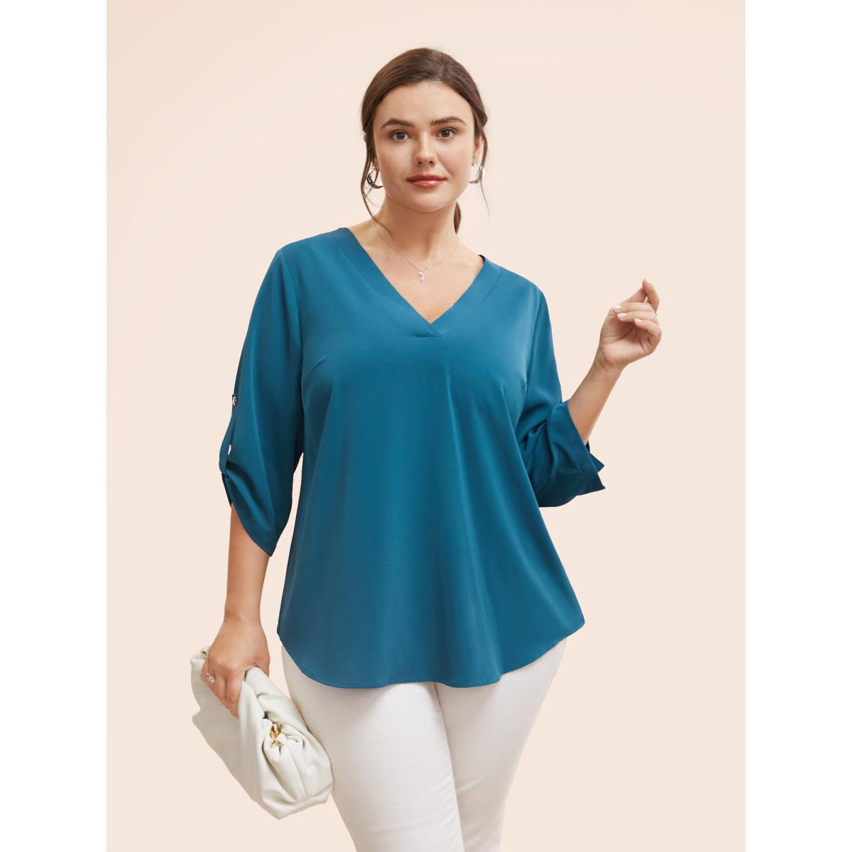 Plus Size Aegean Solid Cuffed Sleeve Gathered Curved Hem Blouse Women Office Elbow-length sleeve V-neck Work Blouses BloomChic 14-16/1X Product Image