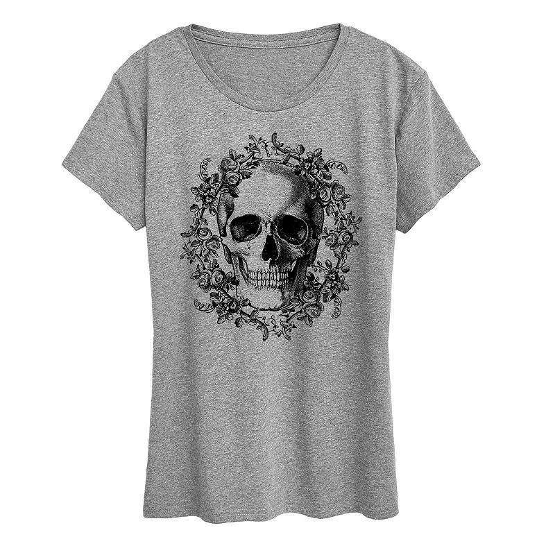 Women's Skull Wreath Graphic Tee, Size: Small, Grey Gray Product Image
